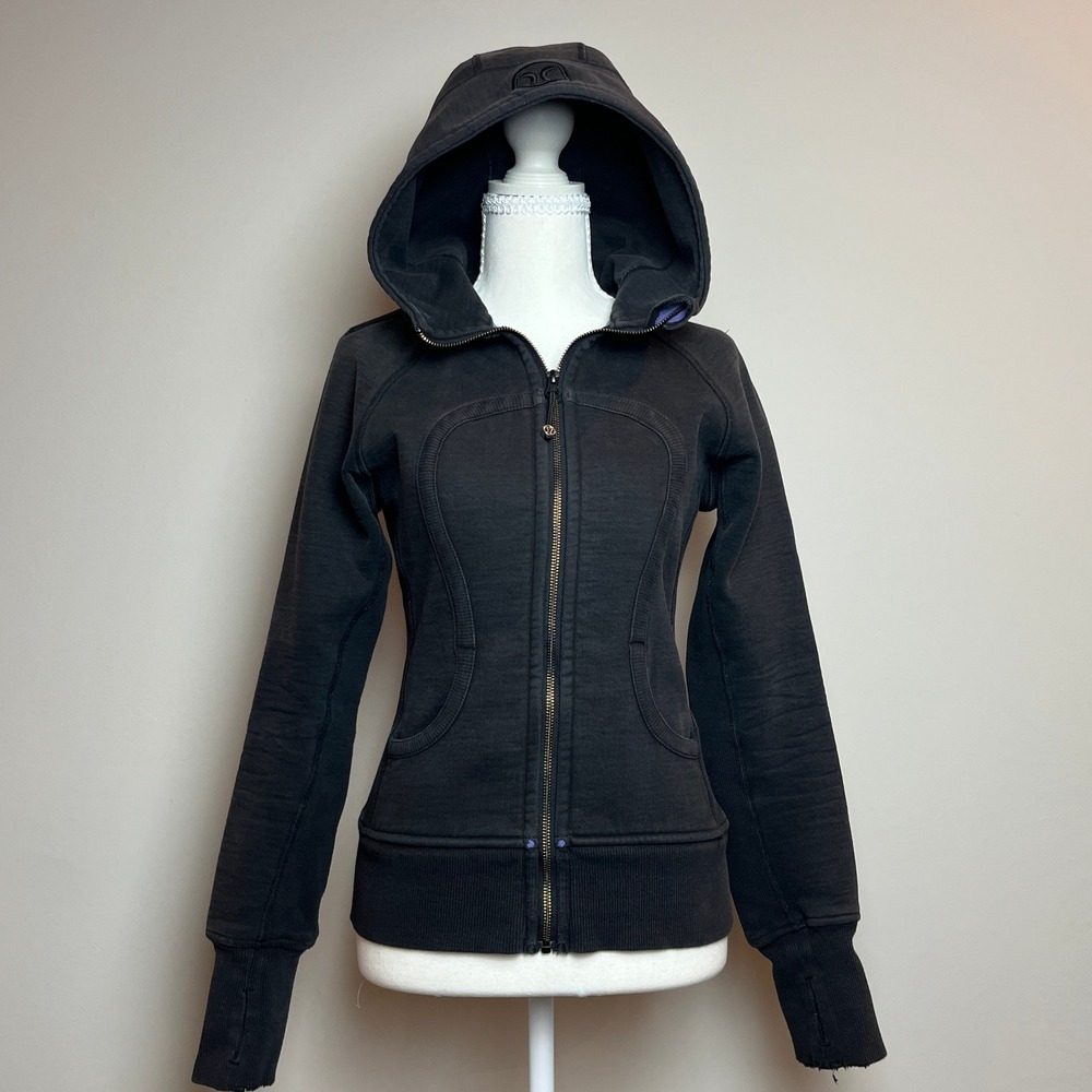 Lululemon Scuba Hoodie Womens Black Purple Fleece Full Zip Jacket Thumbholes